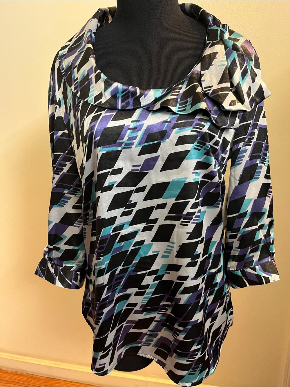 Womens Abstract Print Satin Blouse in Black, Teal & Purple